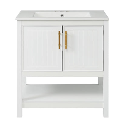 30" Freestanding Single Bathroom Vanity with Ceramic Top and Bottom Open Shelf, White