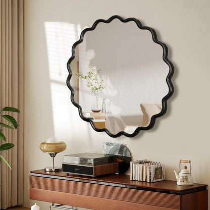 Solid Wood Wavy Frame Modern Mirror - 40x28 Inches Durable Farmhouse Wall Decor for Bathroom, Living Room & Entryway with Easy Install