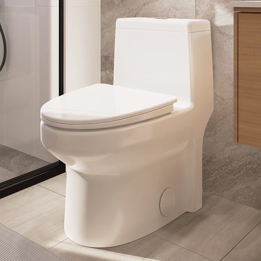 SOTOMO Elongated One Piece Toilet, Compact Design for Bathrooms, 1.1/1.6 GPF Dual Flush toilet, MAP 1000g, 12" Rough-In, Soft-Close & Quick Release Seat, 27.75"D x 15.4"W x 27.13"H