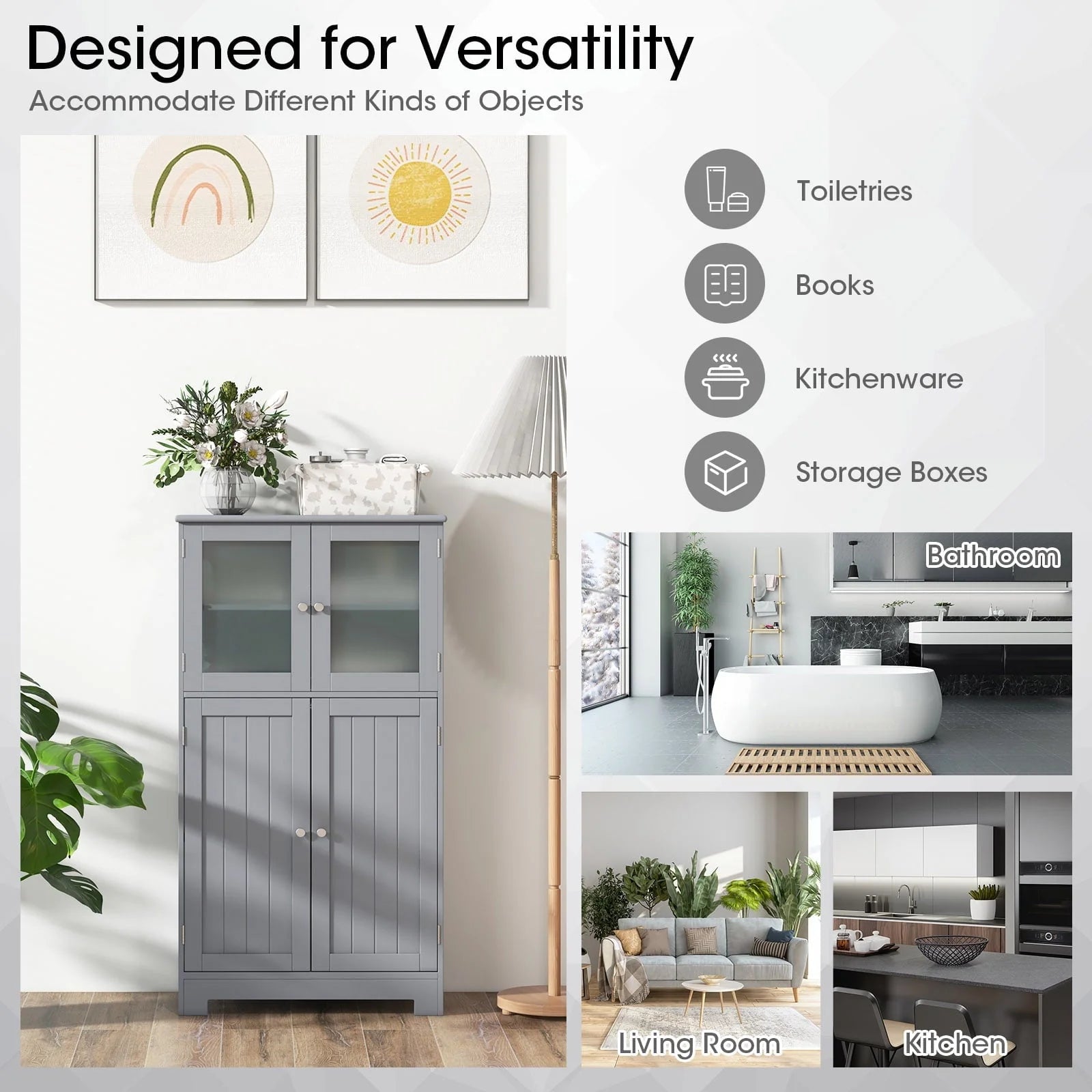 Topbuy Bathroom Storage Cabinet Freestanding Storage Cabinet w/ 4 Doors Wooden Kitchen Cupboard w/ Adjustable Shelf
