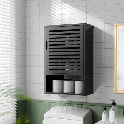 Bathroom Storage Cabinet Wall Mounted, Hanging Medicine Cabinet with Adjustable Shelf, Over The Toilet Space Saver Organizer, Black Bamboo Kitchen Cupboard, Single Door