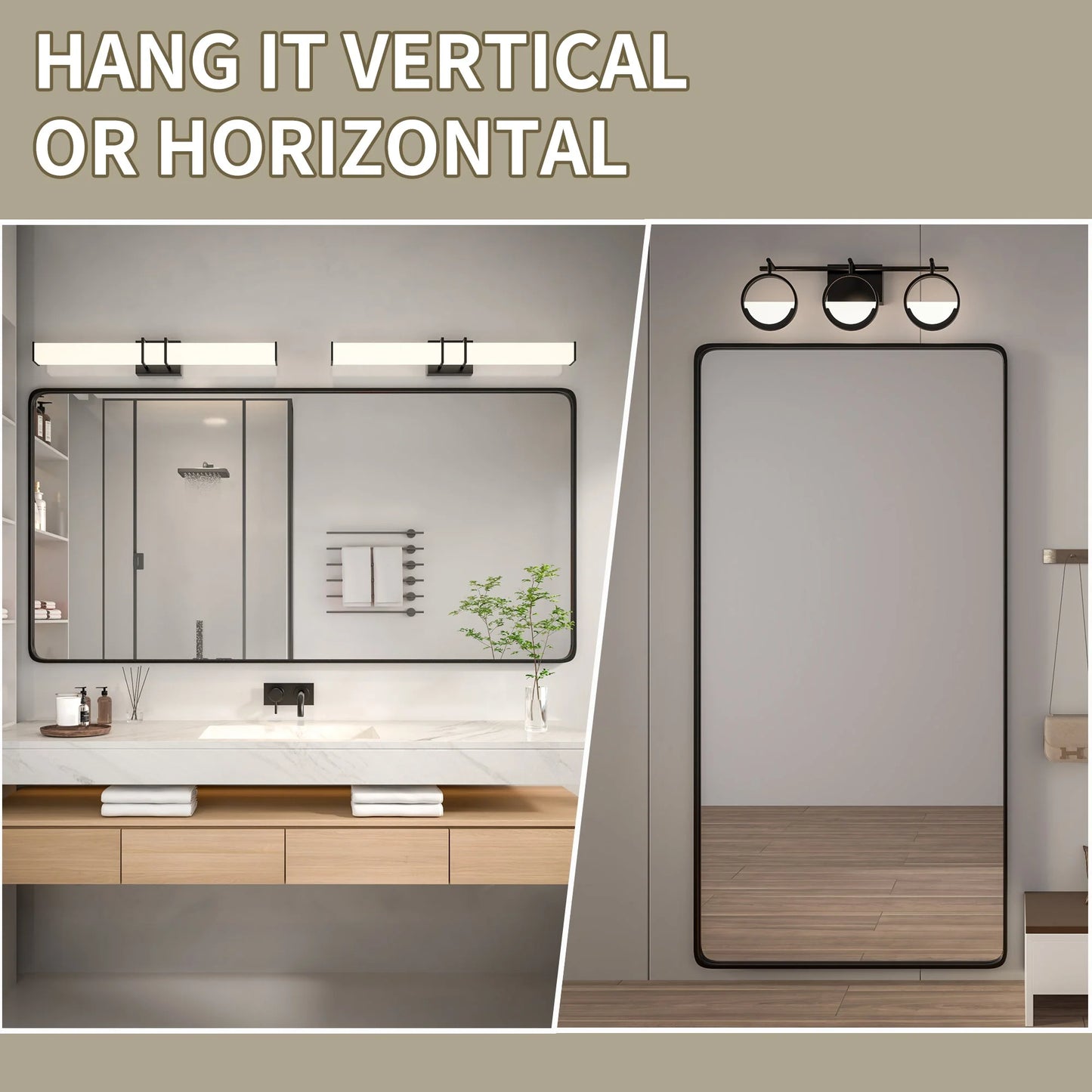 Noir Black Framed Vanity Mirror, Anti-Fog, Front & Backlit, Dimmable, Horizontal/Vertical Mount, Modern Bathroom Decor