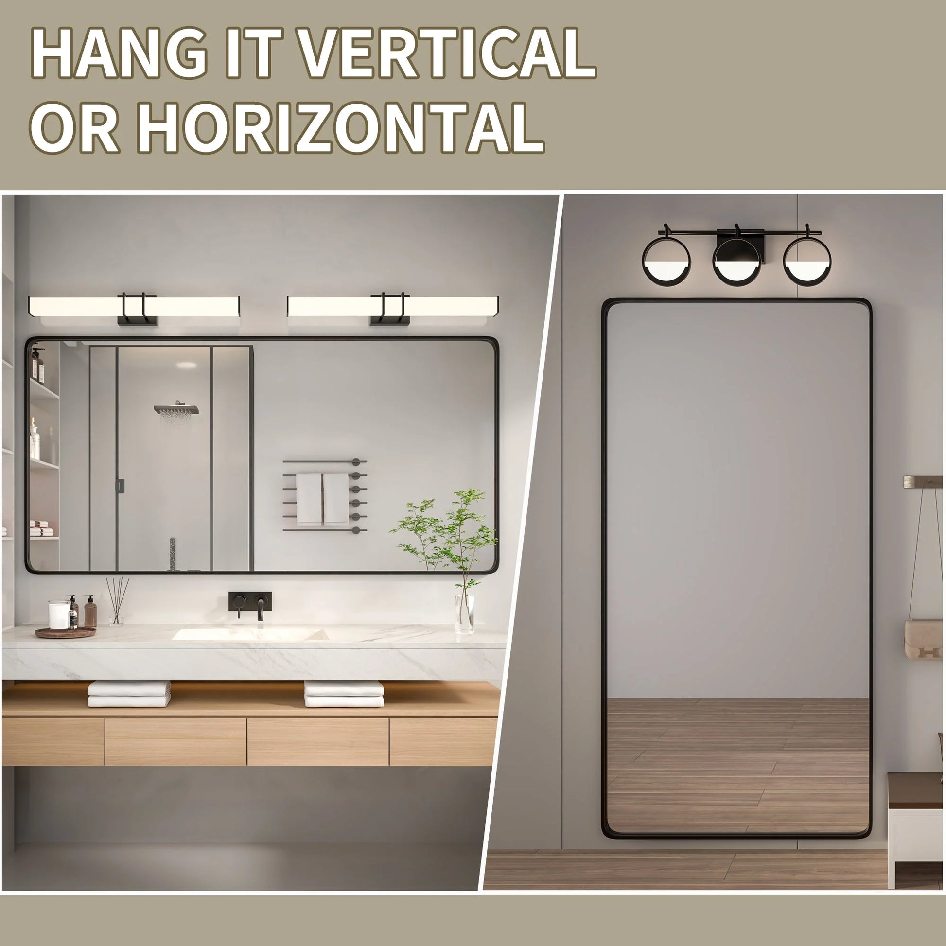 Noir Black Framed Vanity Mirror, Anti-Fog, Front & Backlit, Dimmable, Horizontal/Vertical Mount, Modern Bathroom Decor