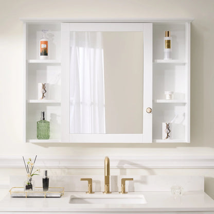 Forclover 42"x 30" Wall Mounted Mirrored Medicine Cabinet for Bathroom, 6 Tier Wood Mirror Cabinet Storage with 1 Soft-close Door, Bathroom Accessory, White