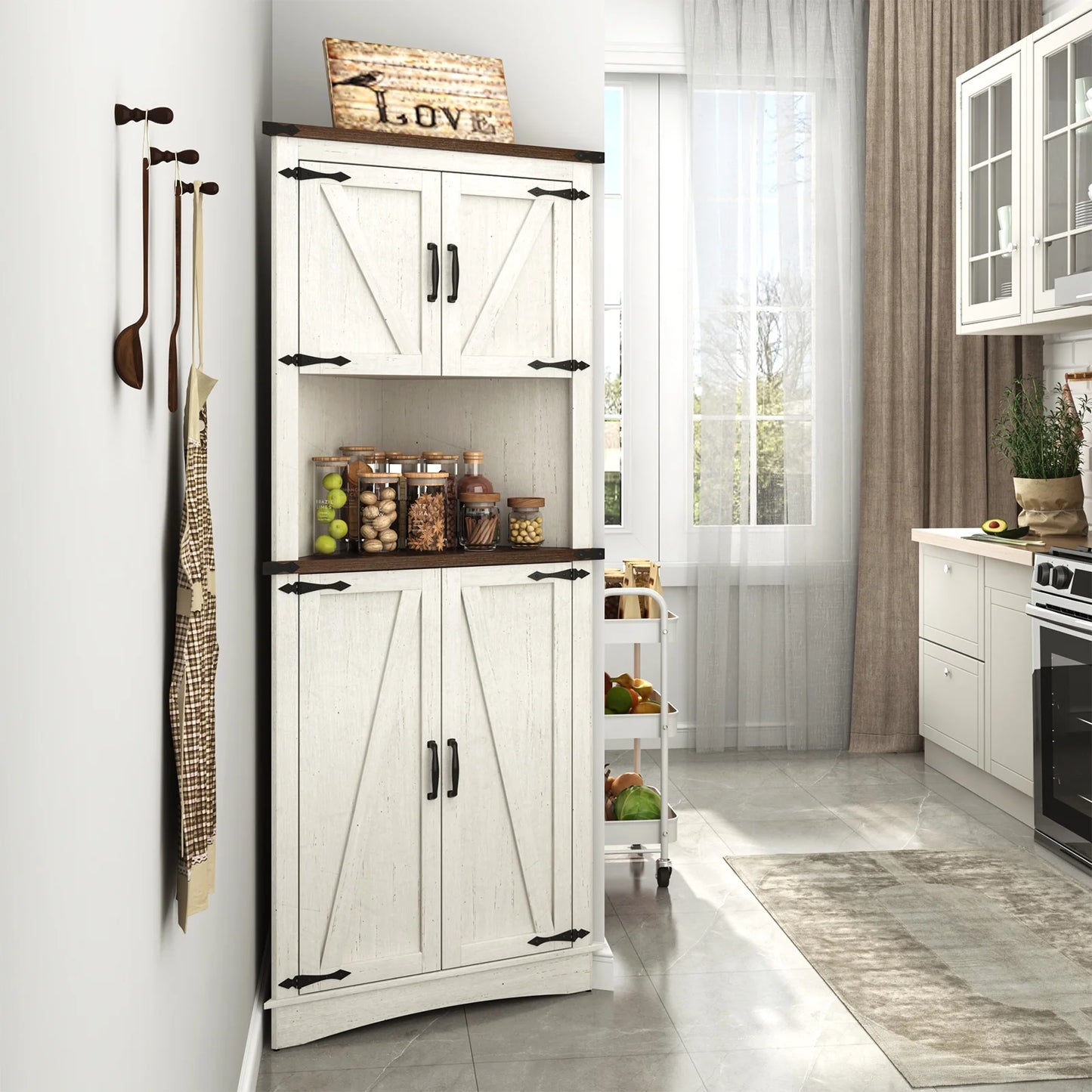 Blotout 68" Tall Farmhouse Corner Cabinet with 4 Doors, 28.3" W Barn Door Storage Cabinet with Adjustable Shelves, 5 Tier Corner Storage Cabinet for Bathroom,Living Room,Kitchen