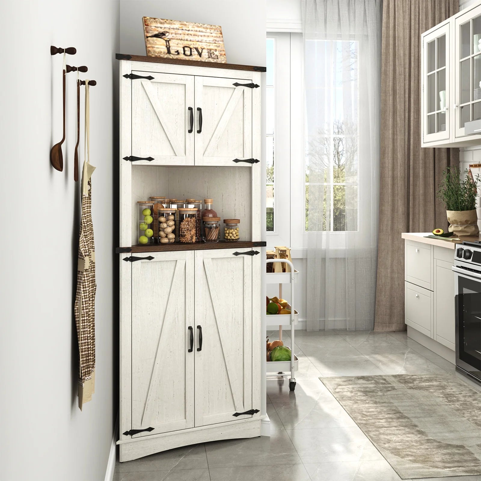 Blotout 68" Tall Farmhouse Corner Cabinet with 4 Doors, 28.3" W Barn Door Storage Cabinet with Adjustable Shelves, 5 Tier Corner Storage Cabinet for Bathroom,Living Room,Kitchen