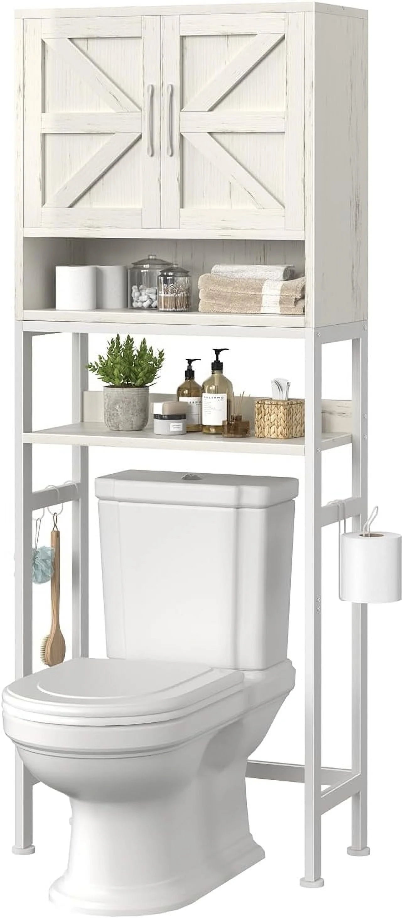 Over The Toilet Storage Cabinet - Farmhouse Bathroom Shelves with Doors Freestanding Organizer Narrow Floor Stand Shelf Above Toilet 71" Tall, Distressed White