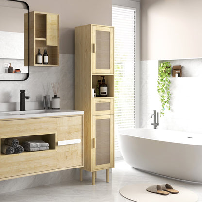 HOMCOM Tall Bathroom Storage Cabinet with Rattan Doors, Distressed Oak