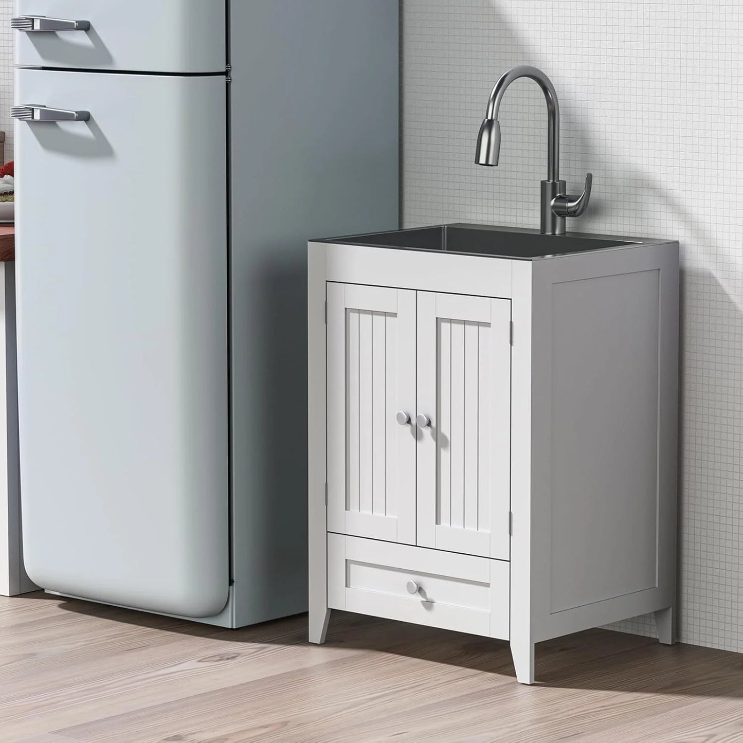 Ktaxon 24-Inch Laundry Sink with Cabinet and Pull-Out Sprayer Faucet, Stainless Steel Utility Sink with Cabinet, Grey Cabinet with Sink for Laundry & Utility Room, Kitchen, Bathroom, Basement