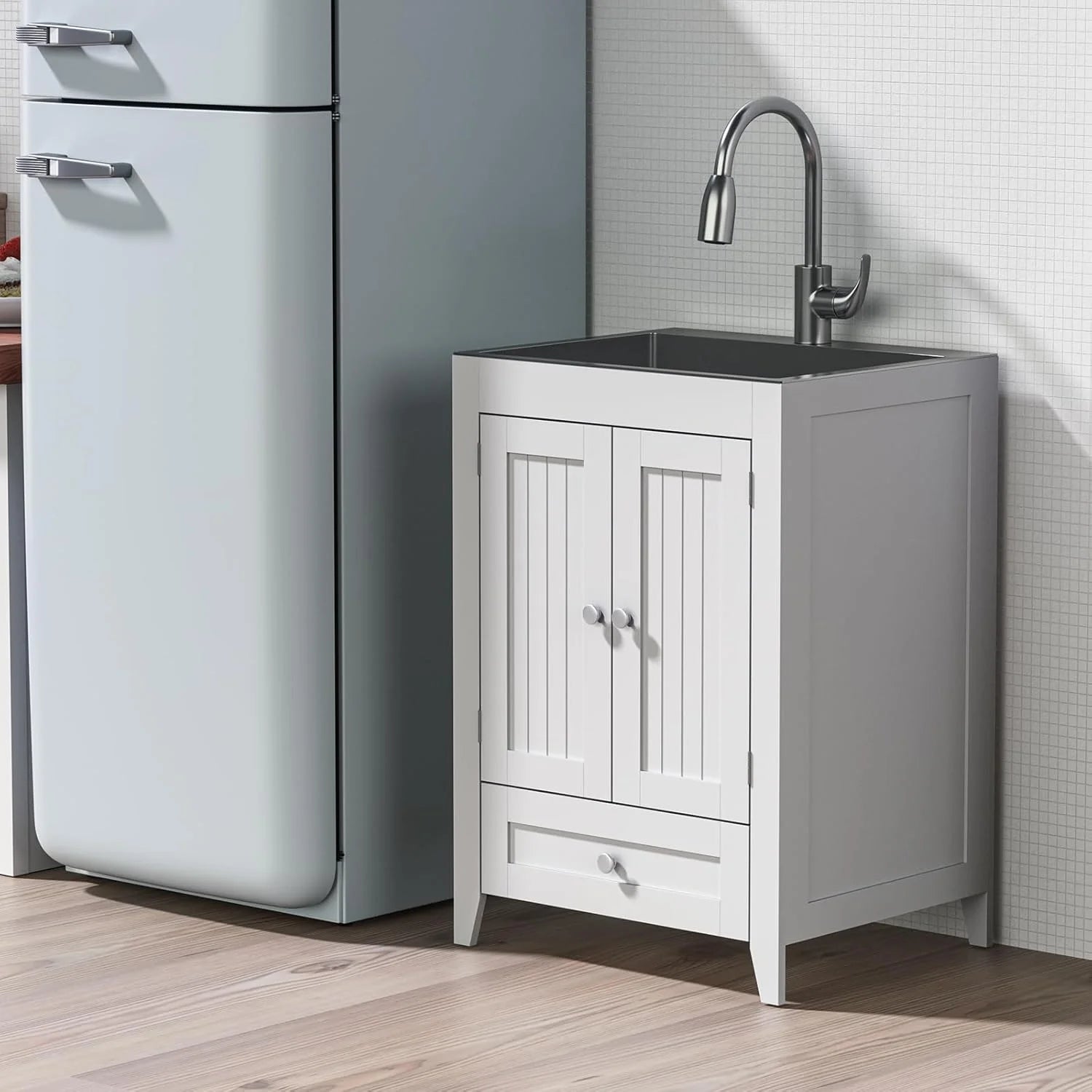 Ktaxon 24-Inch Laundry Sink with Cabinet and Pull-Out Sprayer Faucet, Stainless Steel Utility Sink with Cabinet, Grey Cabinet with Sink for Laundry & Utility Room, Kitchen, Bathroom, Basement