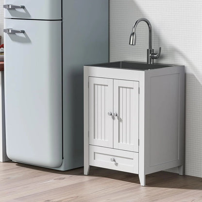 Ktaxon 24-Inch Laundry Sink with Cabinet and Pull-Out Sprayer Faucet, Stainless Steel Utility Sink with Cabinet, Grey Cabinet with Sink for Laundry & Utility Room, Kitchen, Bathroom, Basement