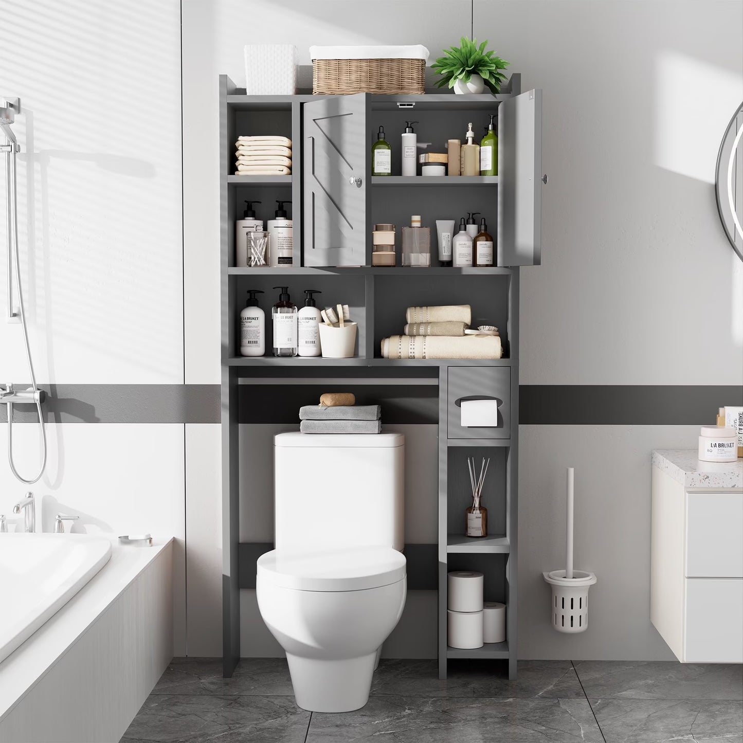 Walsunny Over the Toilet Storage Cabinets with Doors Side Shelves Toilet Paper Holder Stand Organizer Shelf Rack Space Saver above behind Toilet Freestanding for Bathroom Restroom Laundry Gray