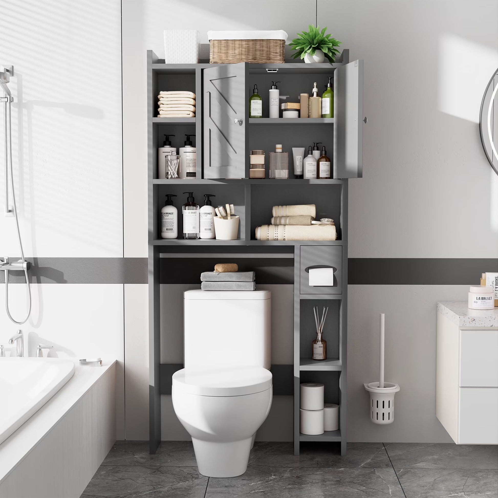 Walsunny Over the Toilet Storage Cabinets with Doors Side Shelves Toilet Paper Holder Stand Organizer Shelf Rack Space Saver above behind Toilet Freestanding for Bathroom Restroom Laundry Gray