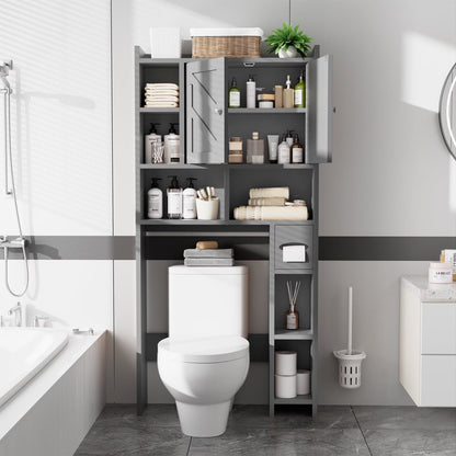 Walsunny Over the Toilet Storage Cabinets with Doors Side Shelves Toilet Paper Holder Stand Organizer Shelf Rack Space Saver above behind Toilet Freestanding for Bathroom Restroom Laundry Gray
