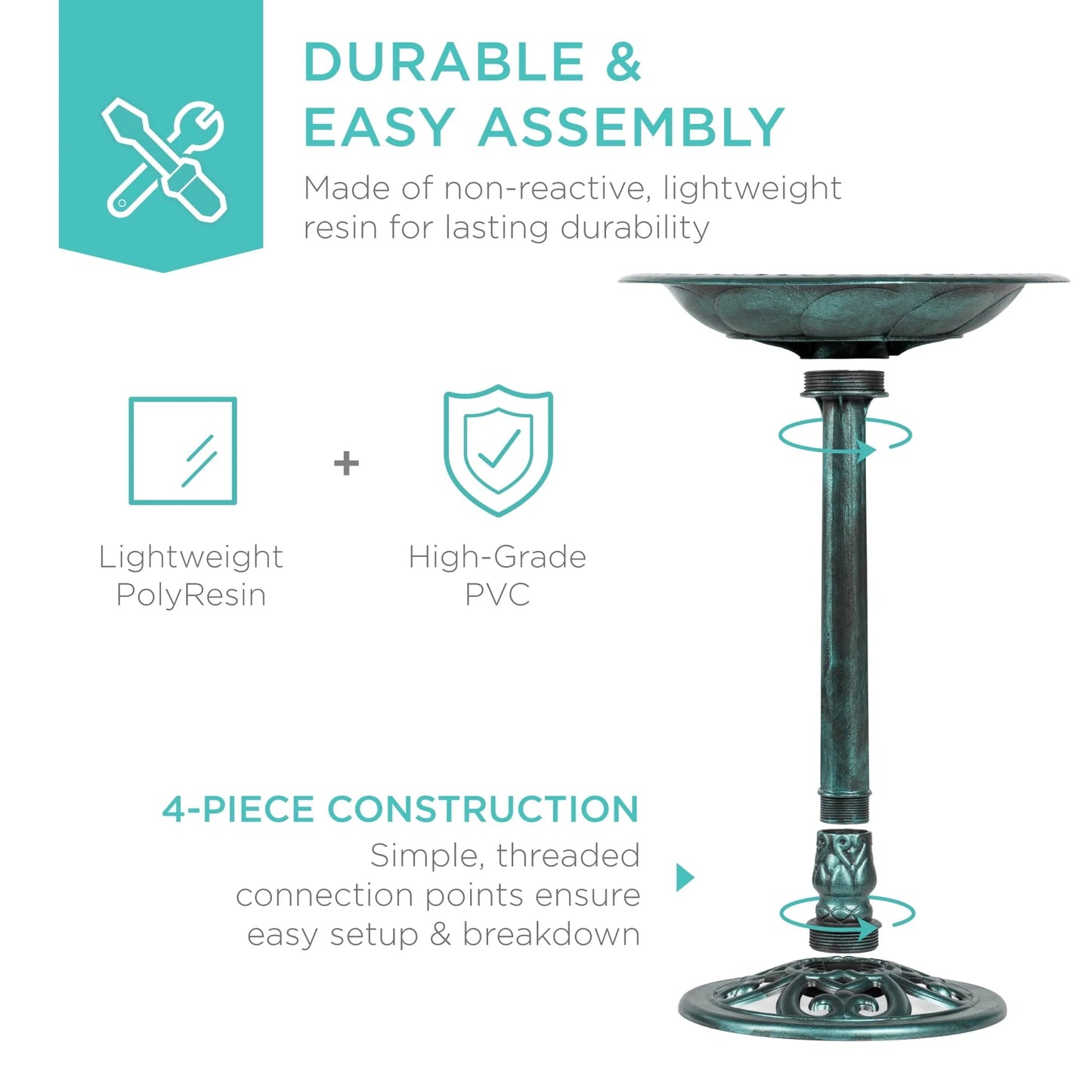 Best Choice Products Outdoor Rustic Pedestal Bird Bath Accent for Garden, Yard w/ Fleur-de-Lis Accents Green