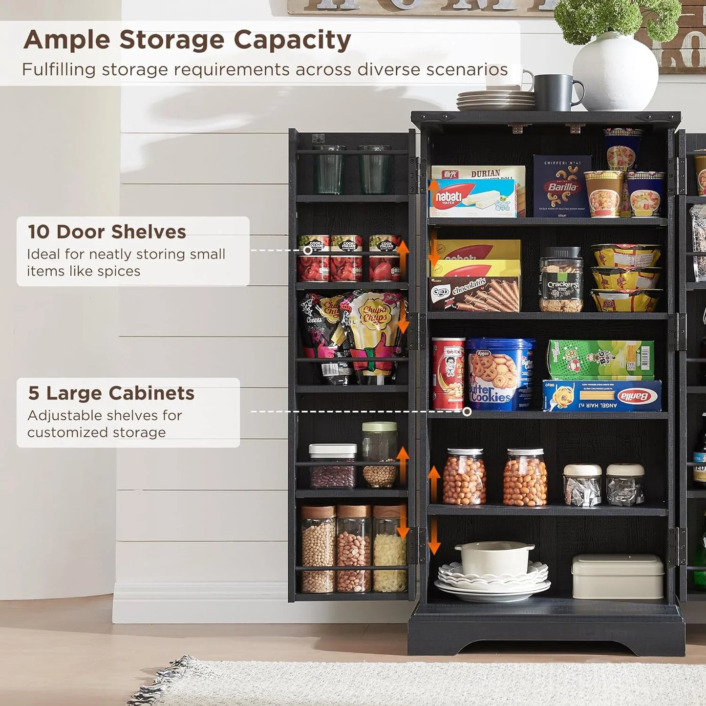 47" Kitchen Pantry, Farmhouse Storage Cabinet with Barn Doors, Organizer and Adjustable Shelves, Rustic Wood Cupboard for Kitchen, Dining Room, Bathroom and Hallway, Black