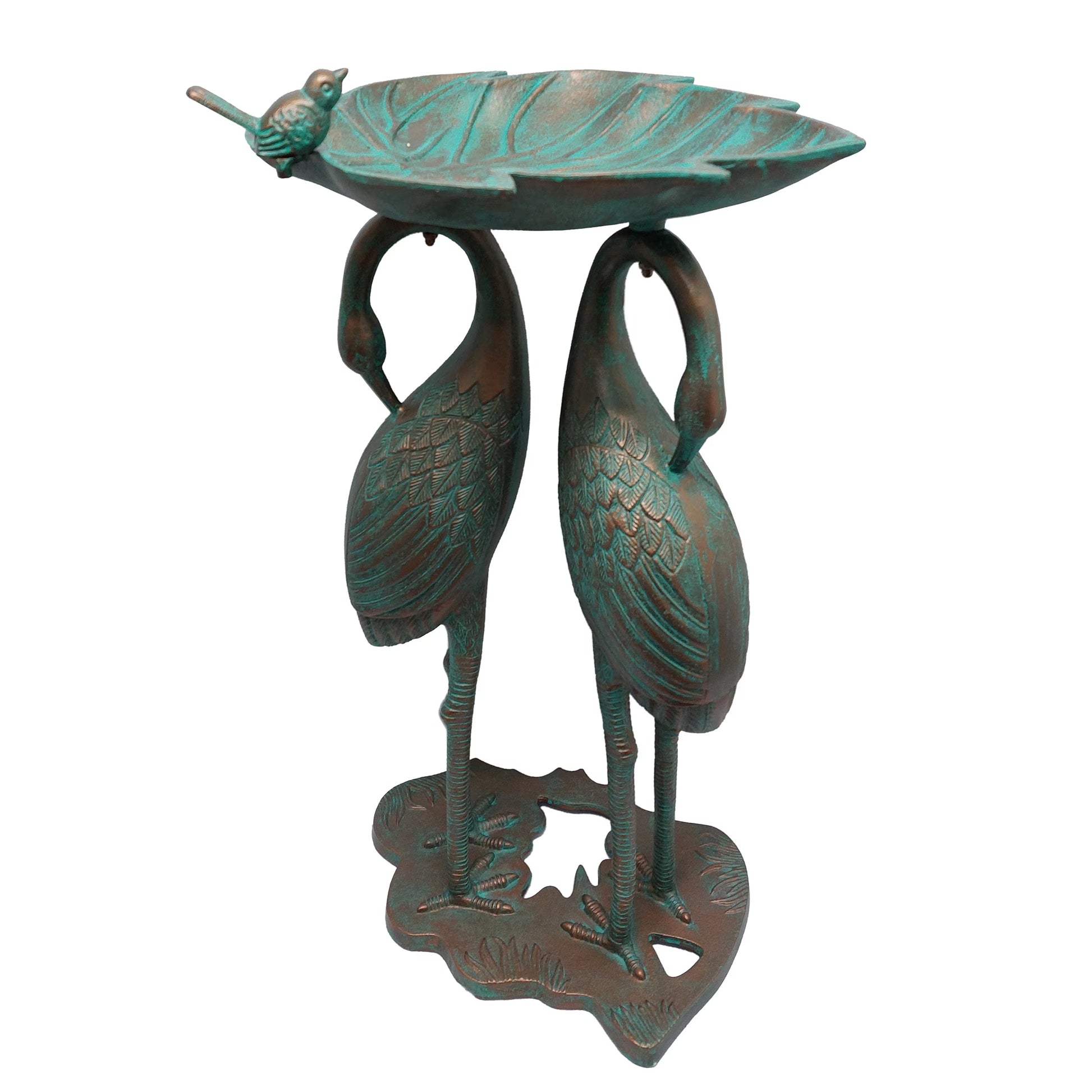 Oakland Living Corporation Cast Aluminum 30-in Twin Crane Bird Bath with Leaf Bowl Antique Pewter
