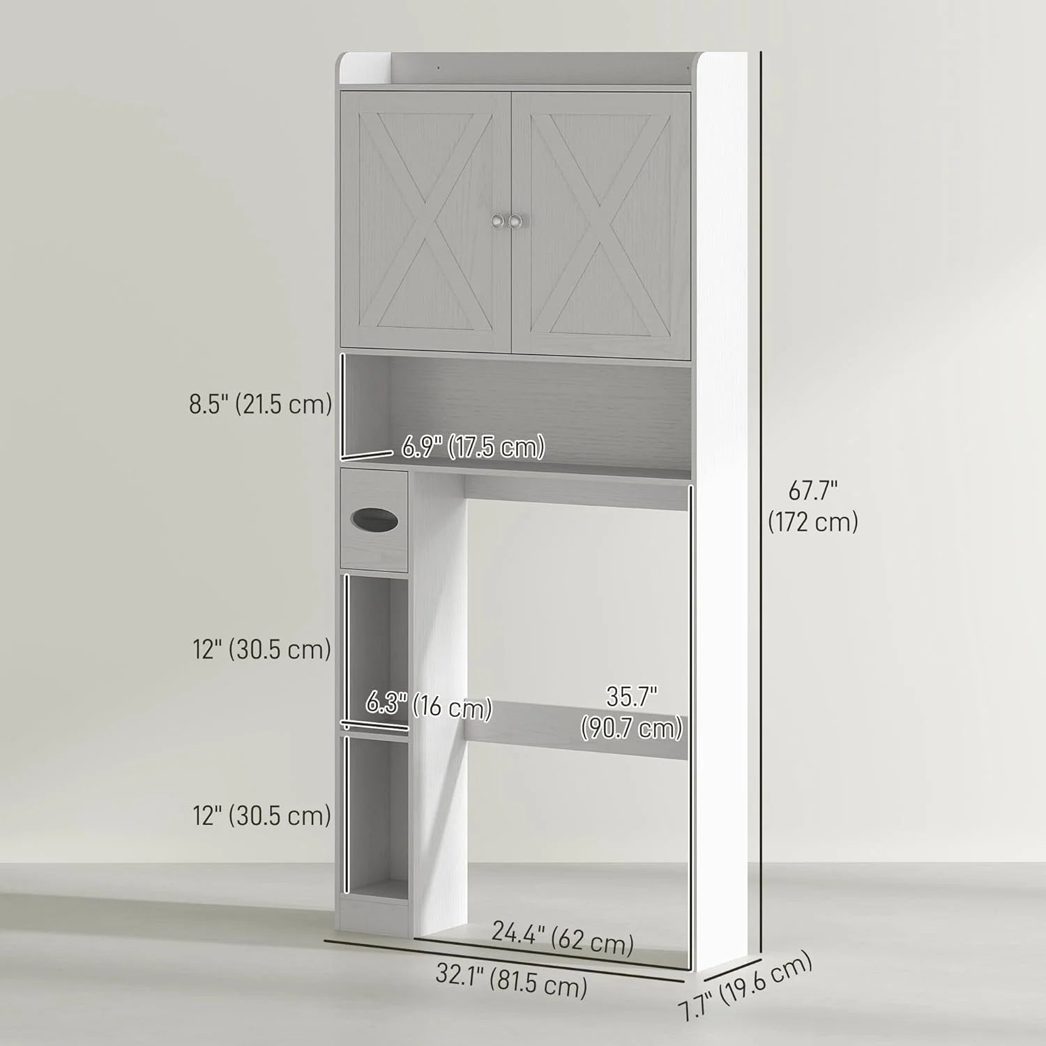 ZIRAV Over The Toilet Storage Cabinet, Farmhouse Above Toilet Bathroom Organizer with Barn Doors, Adjustable Shelf, Toilet Paper Holder, Freestanding Space Saver for Laundry, Distressed White