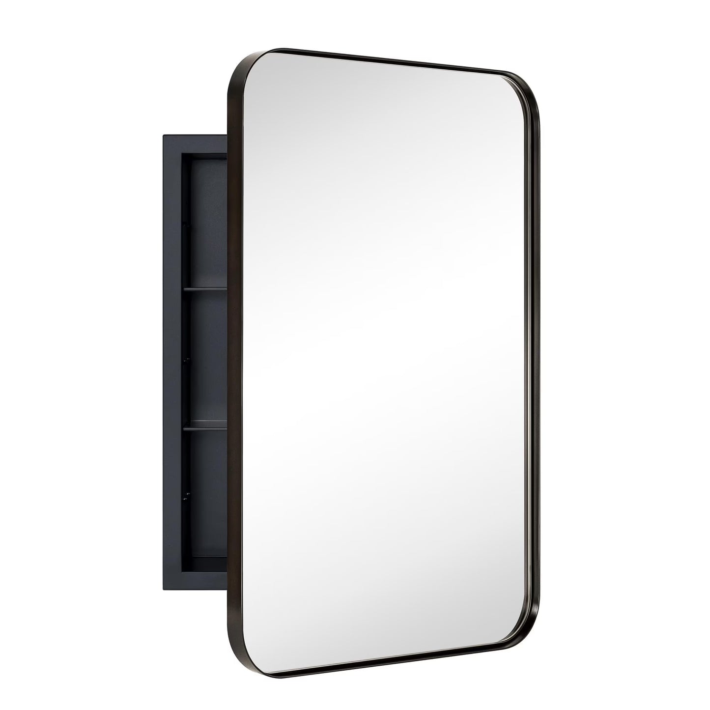 TEHOME Black Rectangle Recessed Bathroom Medicine Cabinet with Mirror Stainless Steel Metal Framed Rounded Rectangular Bathroom Cabinet with Mirror 16x24''