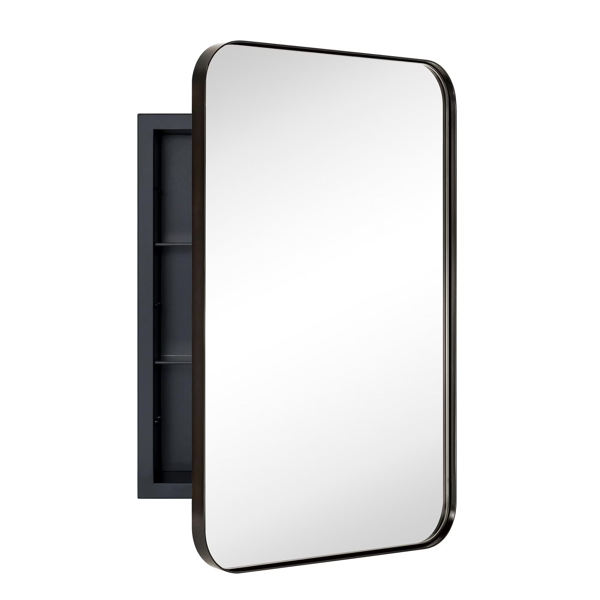 TEHOME Black Rectangle Recessed Bathroom Medicine Cabinet with Mirror Stainless Steel Metal Framed Rounded Rectangular Bathroom Cabinet with Mirror 16x24''