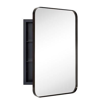 TEHOME Black Rectangle Recessed Bathroom Medicine Cabinet with Mirror Stainless Steel Metal Framed Rounded Rectangular Bathroom Cabinet with Mirror 16x24''