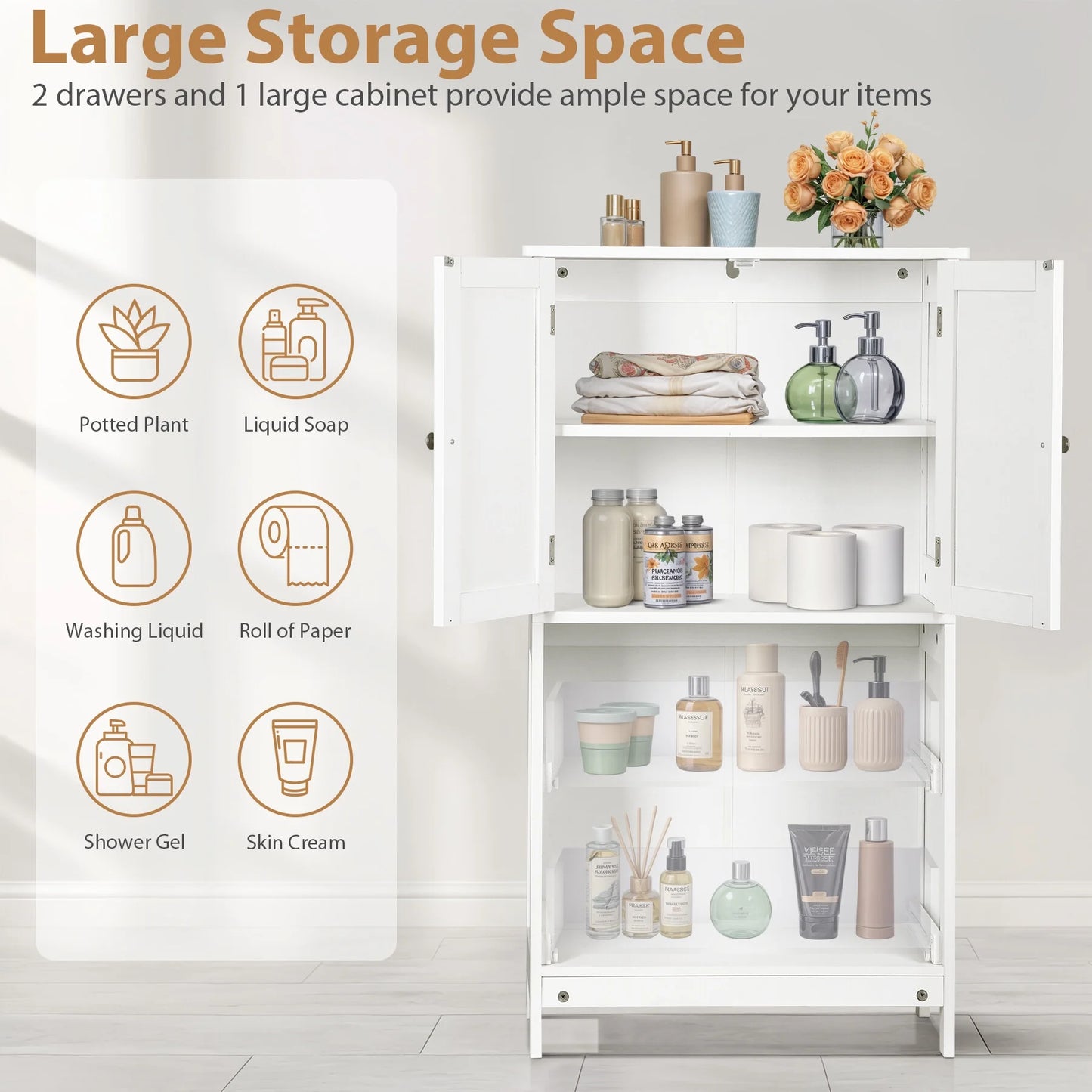 ZENSTYLE Freestanding MDF Bathroom Cabinet with 2 Drawers and Adjustable Shelf Extra Storage Space, White