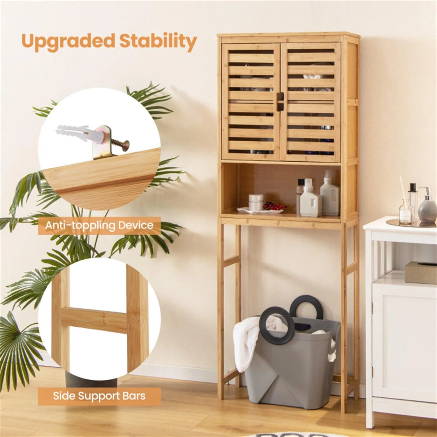Finihen Bamboo Over The Toilet Storage Cabinet, Tall Bathroom Cabinet Organizer with Cupboard and Adjustable Shelves for Laundry Room, Balcony, Natural