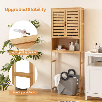 Finihen Bamboo Over The Toilet Storage Cabinet, Tall Bathroom Cabinet Organizer with Cupboard and Adjustable Shelves for Laundry Room, Balcony, Natural