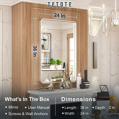 Tetote Silver Bathroom Mirror, 24 x 36 inch Wall Mounted Rectangle Brushed Nickel Metal Framed Modern Vanity Mirror (Horizontal/Vertical)