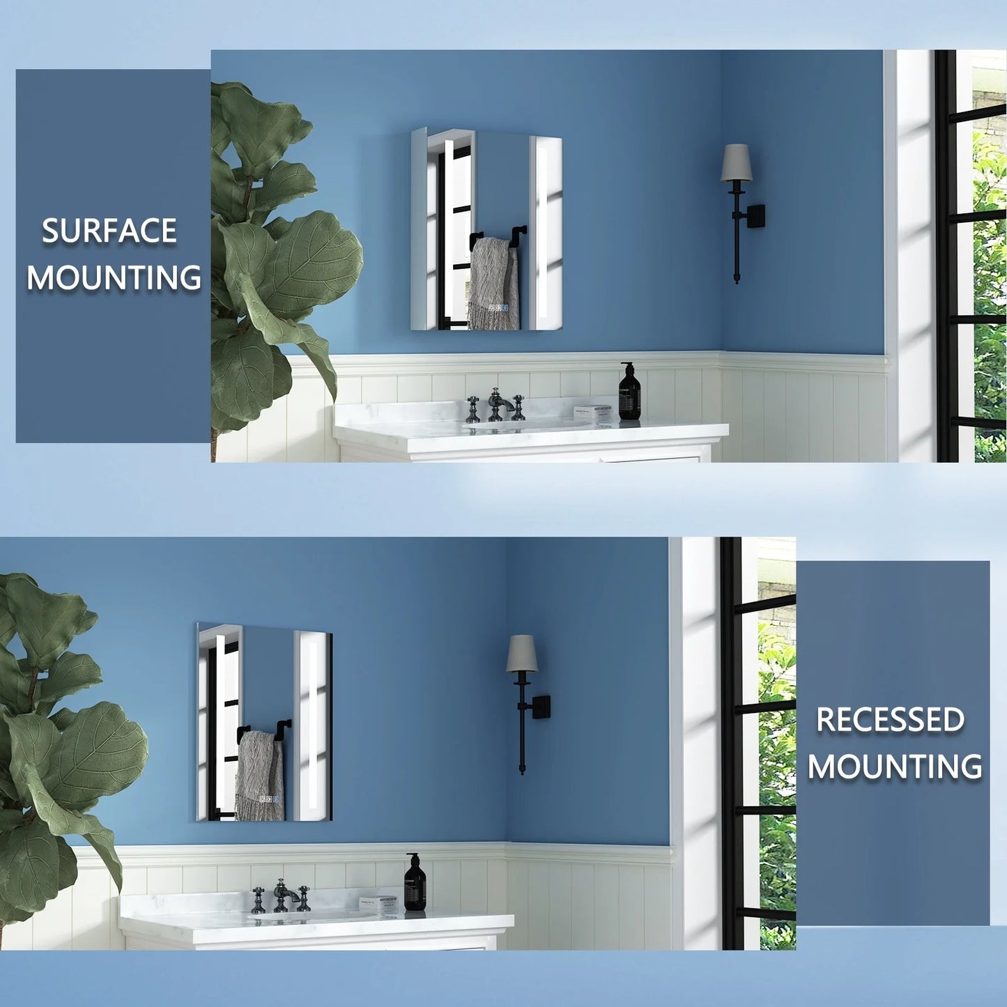 ExBrite 3 Touch Switch LED Lighted Bathroom Medicine Cabinet with Mirror, Recessed or Surface Mount, Defog, Stepless Dimming Right-hinged 20" x 26"