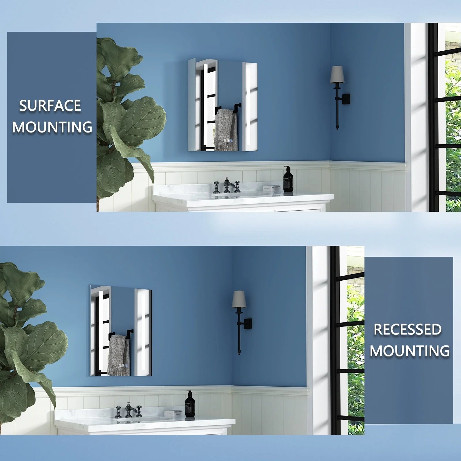 ExBrite 3 Touch Switch LED Lighted Bathroom Medicine Cabinet with Mirror, Recessed or Surface Mount, Defog, Stepless Dimming Right-hinged 20" x 26"