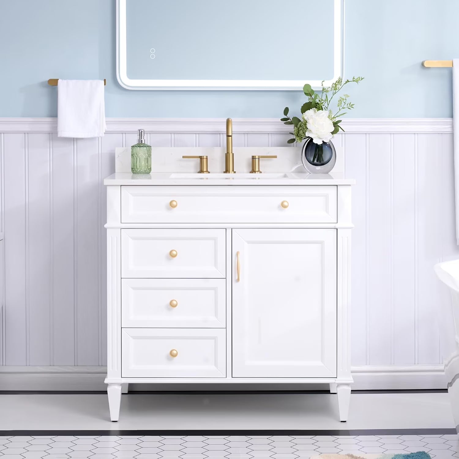 FORCLOVER 36" Bathroom Vanity with Sink Top Combo Set, Freestanding Solid Wood Bathroom Makeup Cabinet W/ 1 Soft-Close Door and 3 Soft-Close Drawers, Carrara White Quartz Countertop, Grey