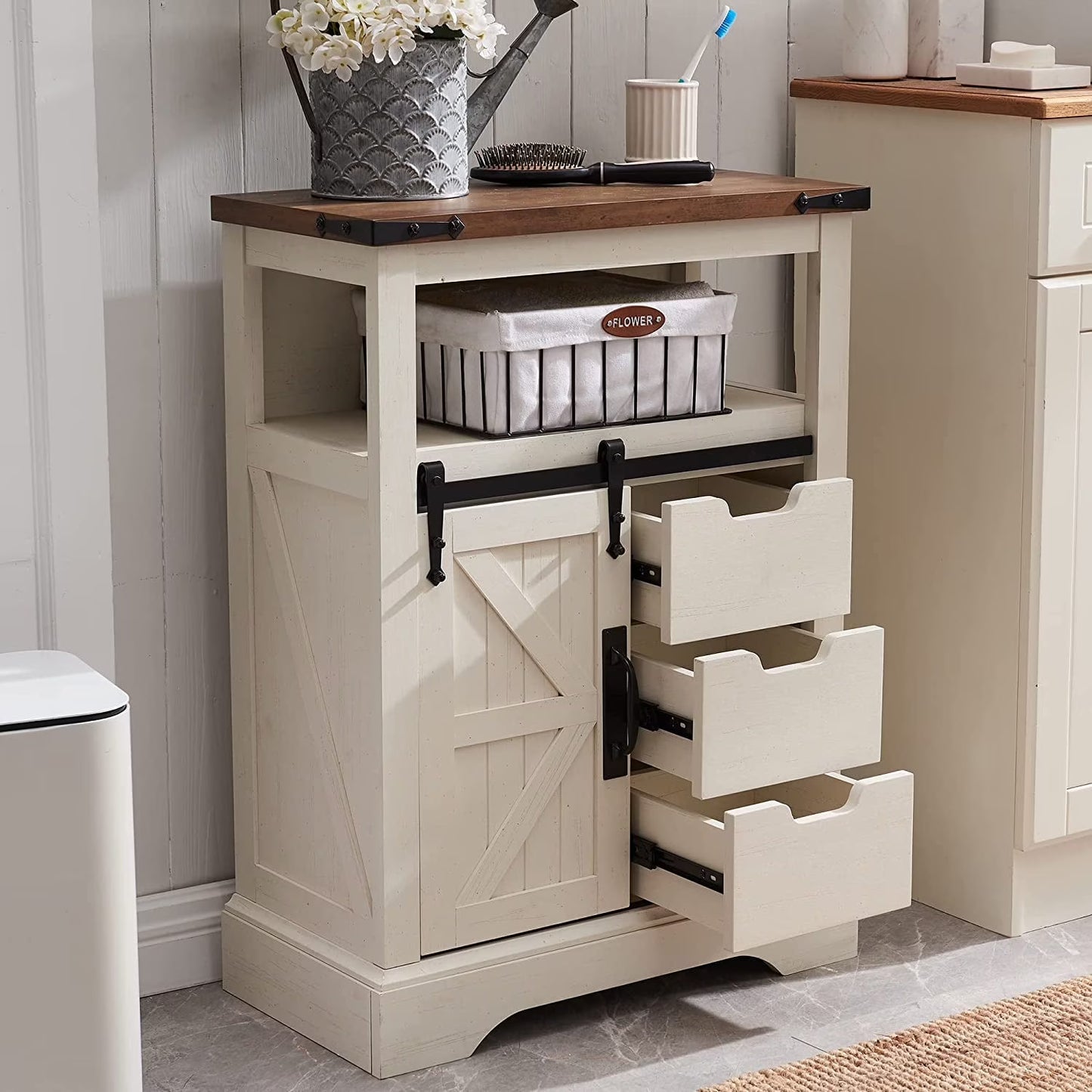 OKD Farmhouse Bathroom Storage Cabinet with 3 Drawers and Adjustable Shelves Wooden Rustic Accent Entryway Cupboard, Antique White