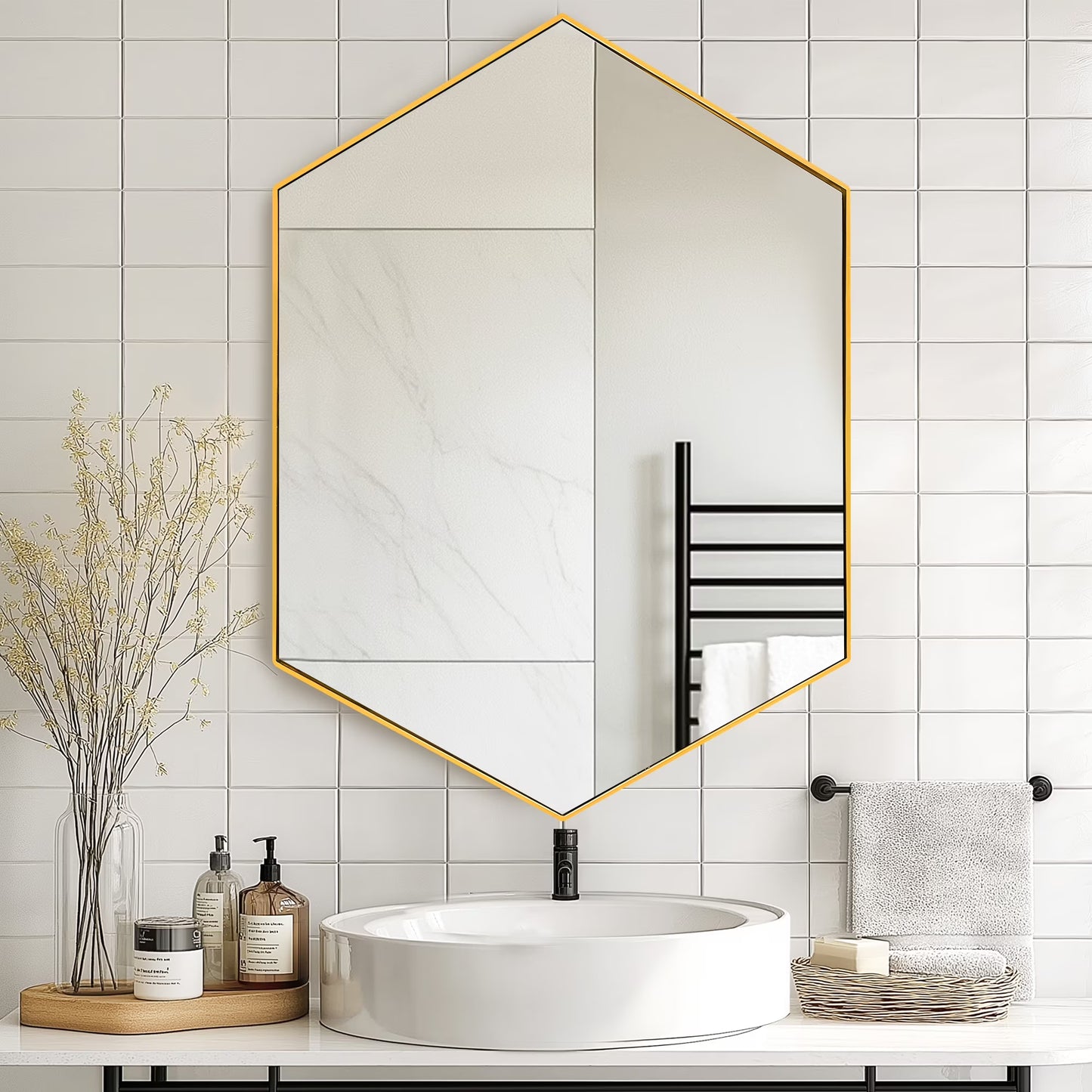 Soges Bathroom Medicine Cabinet with 3 Adjustable Storage Shelves, Wall Mounted Metal Frame, Recessed Mirror Cabinet Medicine Cabinet, Hexagonal Bathroom Mirror Cabinet, 24x34 Inches, Black