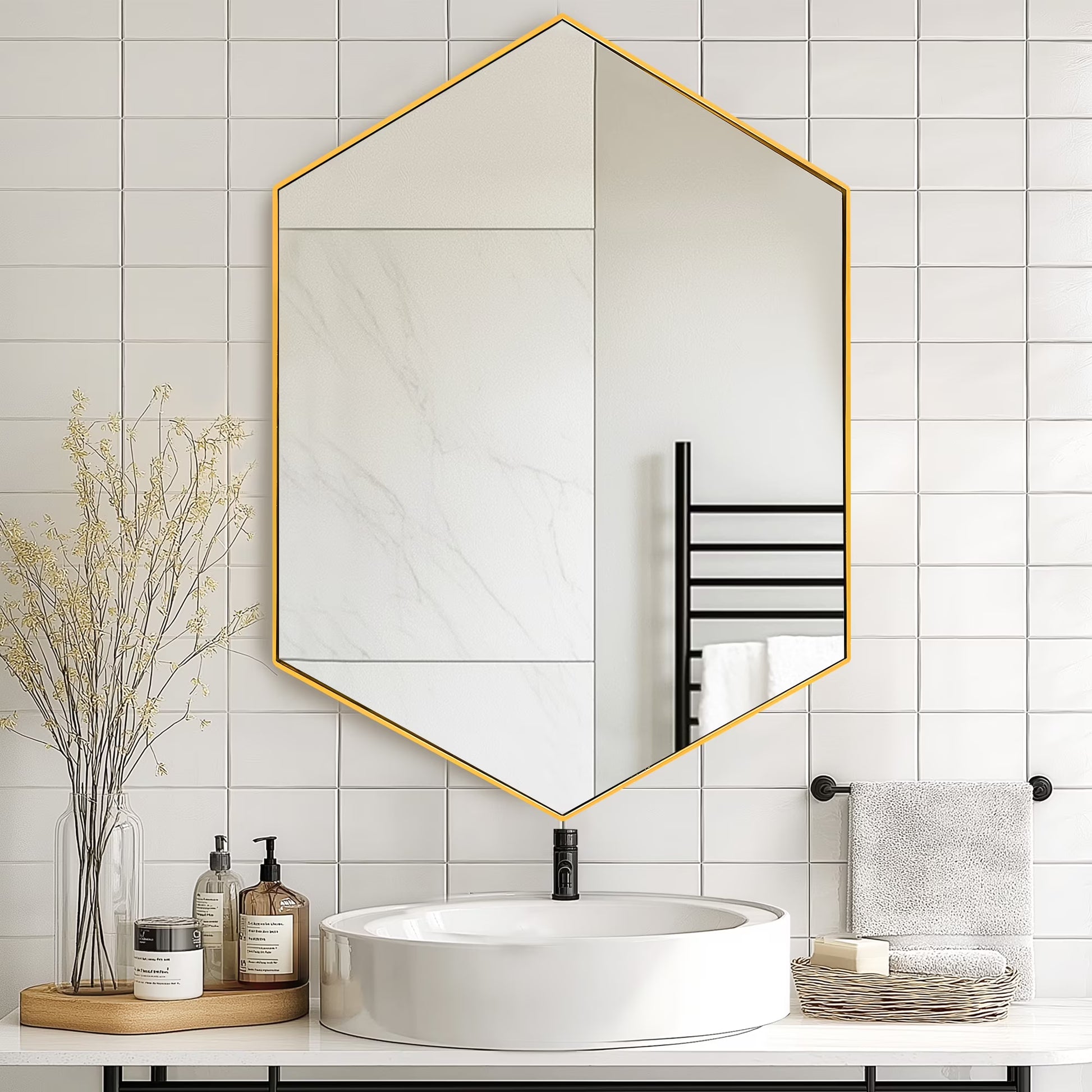 Soges Bathroom Medicine Cabinet with 3 Adjustable Storage Shelves, Wall Mounted Metal Frame, Recessed Mirror Cabinet Medicine Cabinet, Hexagonal Bathroom Mirror Cabinet, 24x34 Inches, Black