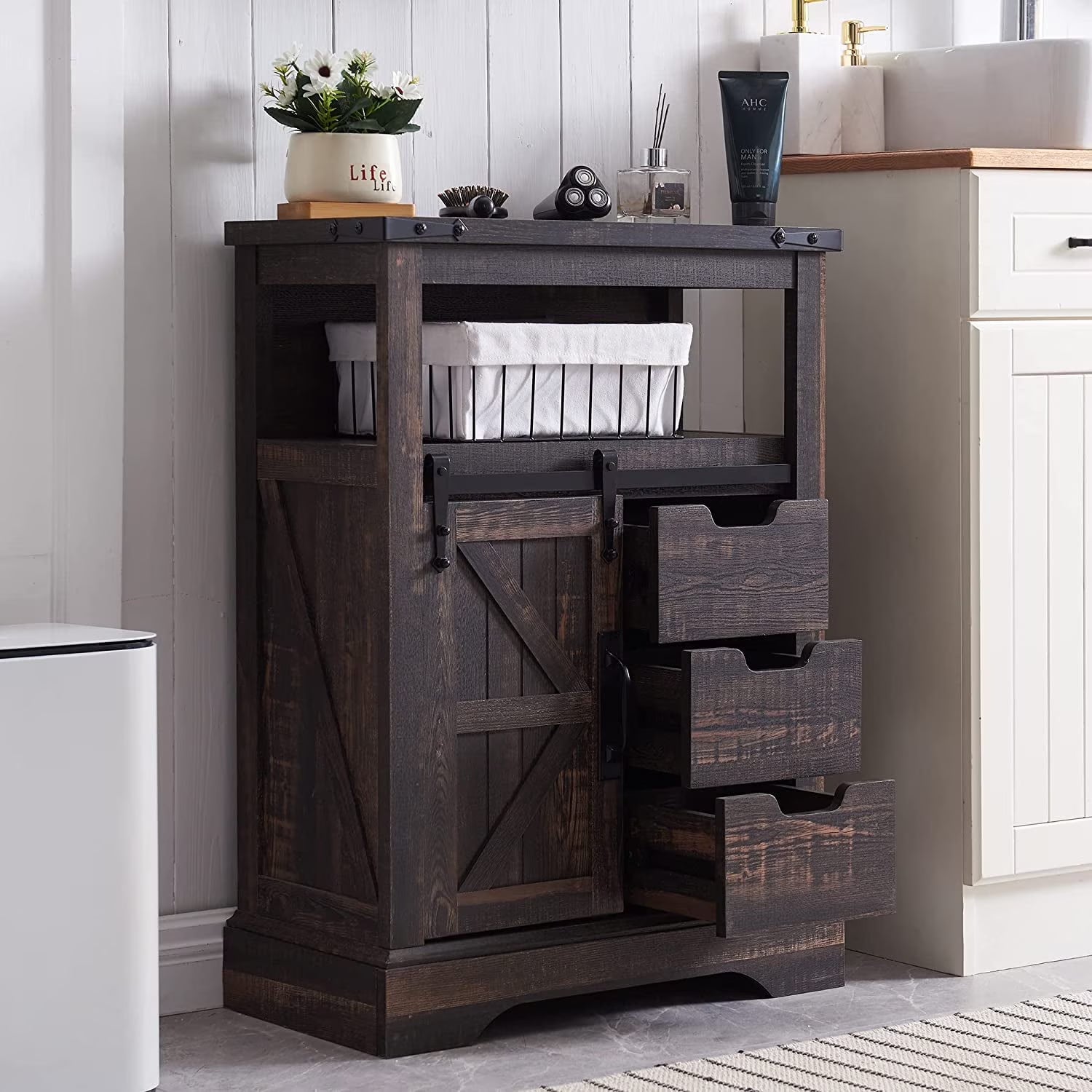 OKD Farmhouse Bathroom Storage Cabinet with 3 Drawers and Adjustable Shelves Wooden Rustic Accent Entryway Cupboard, Antique White