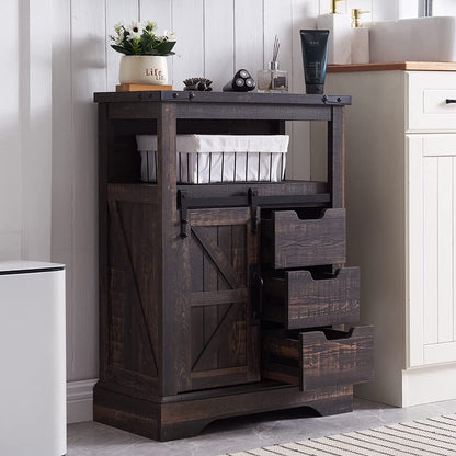 OKD Farmhouse Bathroom Storage Cabinet with 3 Drawers and Adjustable Shelves Wooden Rustic Accent Entryway Cupboard, Antique White