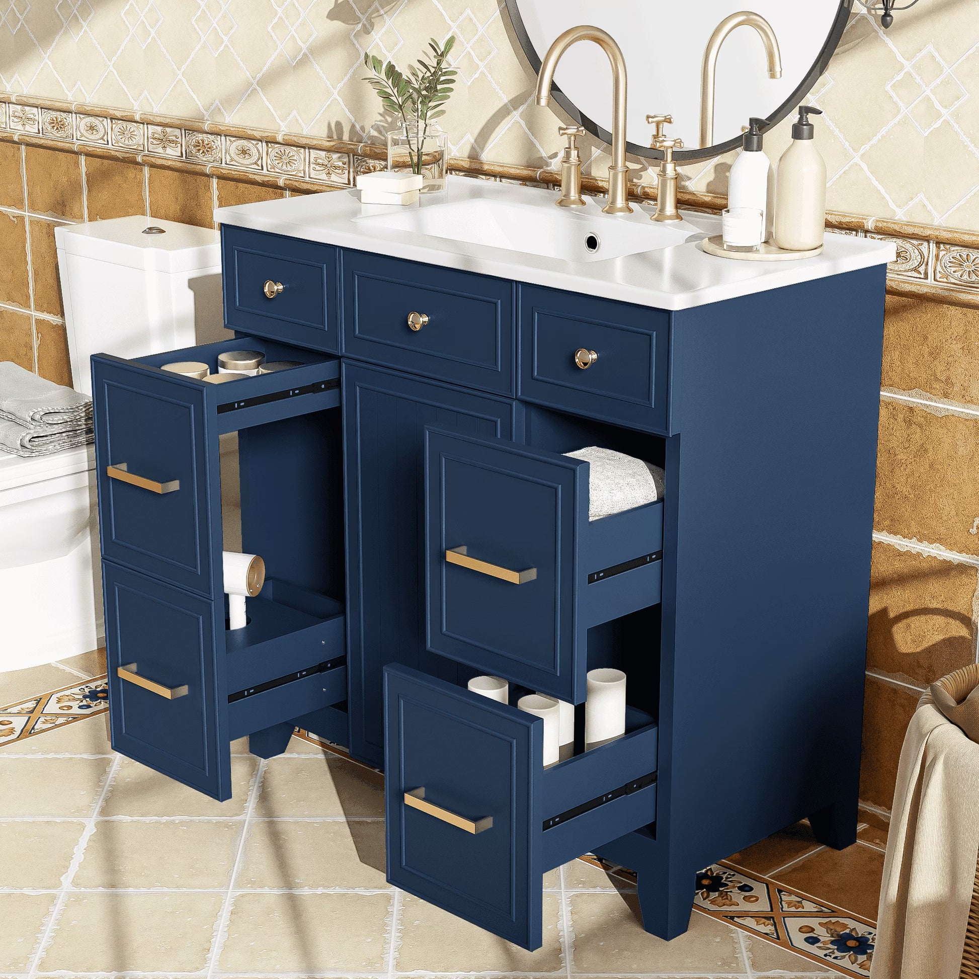 viswild 30" Bathroom Vanity with Ceramic Sink, Soft Close Drawers & Adjustable Shelf, Compact Freestanding Cabinet for Small Spaces, Black