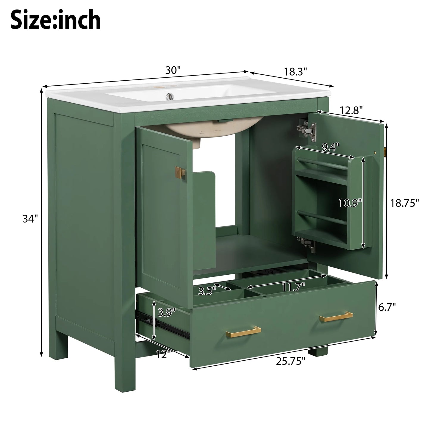 Harper & Bright Designs 30" Bathroom Vanity with Sink Combo, Bathroom Cabinet with Ceramic Top, Multifunctional Storage Doors and Drawer, Green