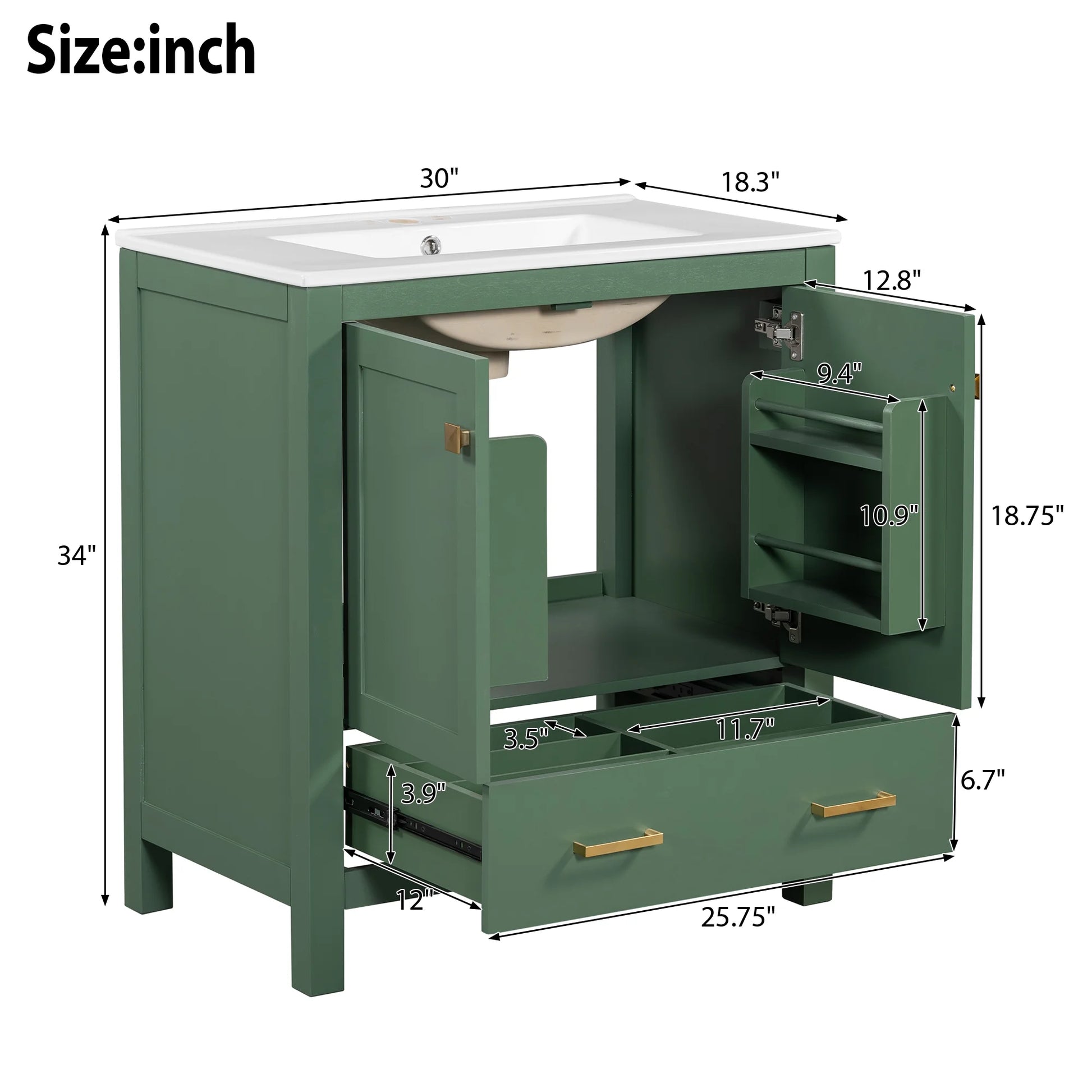 Harper & Bright Designs 30" Bathroom Vanity with Sink Combo, Bathroom Cabinet with Ceramic Top, Multifunctional Storage Doors and Drawer, Green