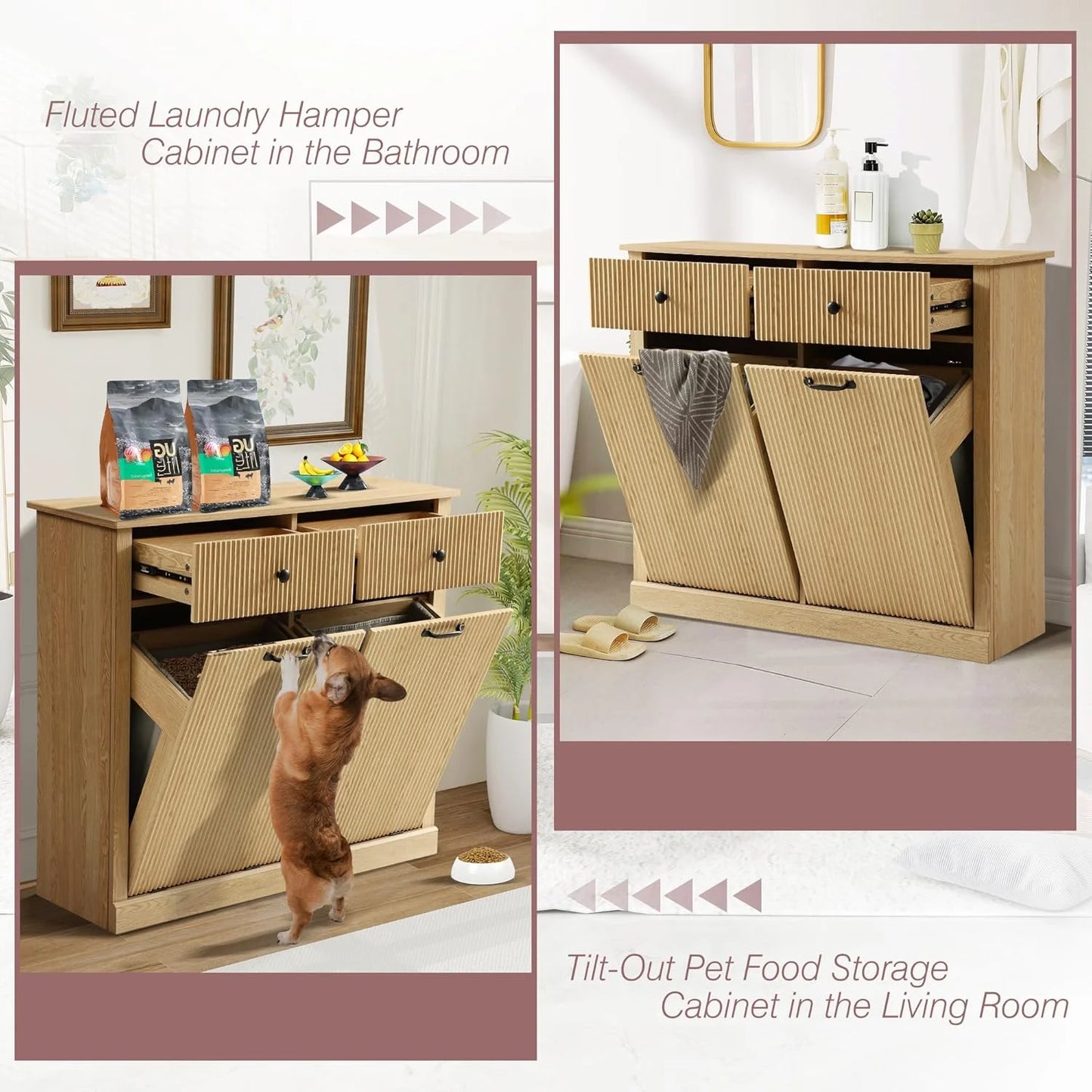 Haverchair Double Tilt Out Laundry Hamper Cabinet, Modern Fluted Trash Can Cabinets with Drawer, Wooden Hidden Garbage Cabinet for Kitchen and Bathroom