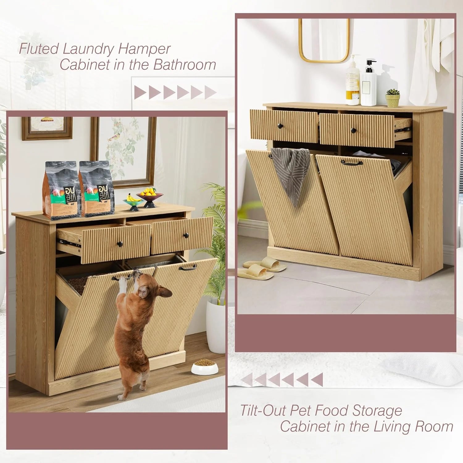 Haverchair Double Tilt Out Laundry Hamper Cabinet, Modern Fluted Trash Can Cabinets with Drawer, Wooden Hidden Garbage Cabinet for Kitchen and Bathroom