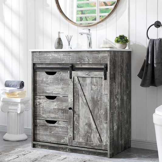 MIHOVER 30" Farmhouse Bathroom Vanity with Sink, Bathroom Dresser with 3 Drawers & Adjustable Shelves