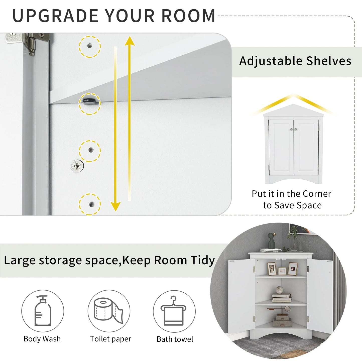 Bathroom Storage Floor Cabinet, Corner Shower Towel Storage Organizer Cabinet Wooden Triangle Bathroom Storage Cabinet, Heavy Duty Freestanding Triangle Cabinet with 2 Adjustable Shelves, White