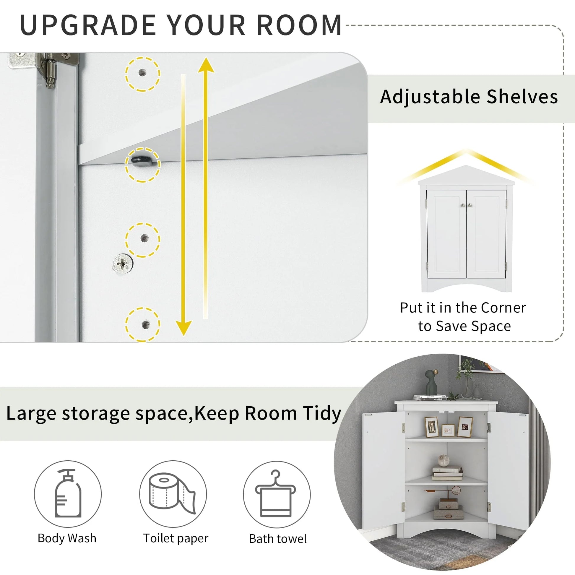 Bathroom Storage Floor Cabinet, Corner Shower Towel Storage Organizer Cabinet Wooden Triangle Bathroom Storage Cabinet, Heavy Duty Freestanding Triangle Cabinet with 2 Adjustable Shelves, White