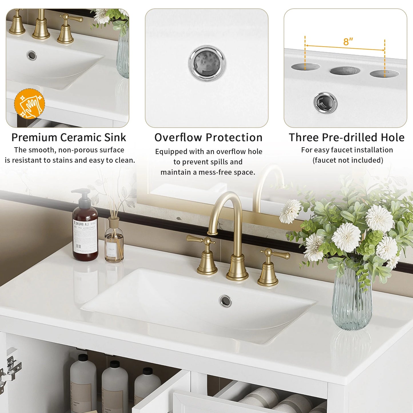 36-Inch Single Bathroom Vanity with Ceramic Top, 2 Glass Doors, Adjustable Shelves and Three Drawers