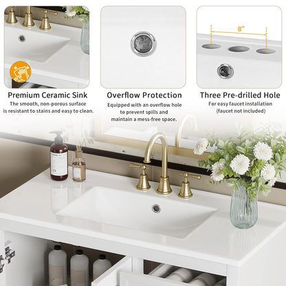 36-Inch Single Bathroom Vanity with Ceramic Top, 2 Glass Doors, Adjustable Shelves and Three Drawers
