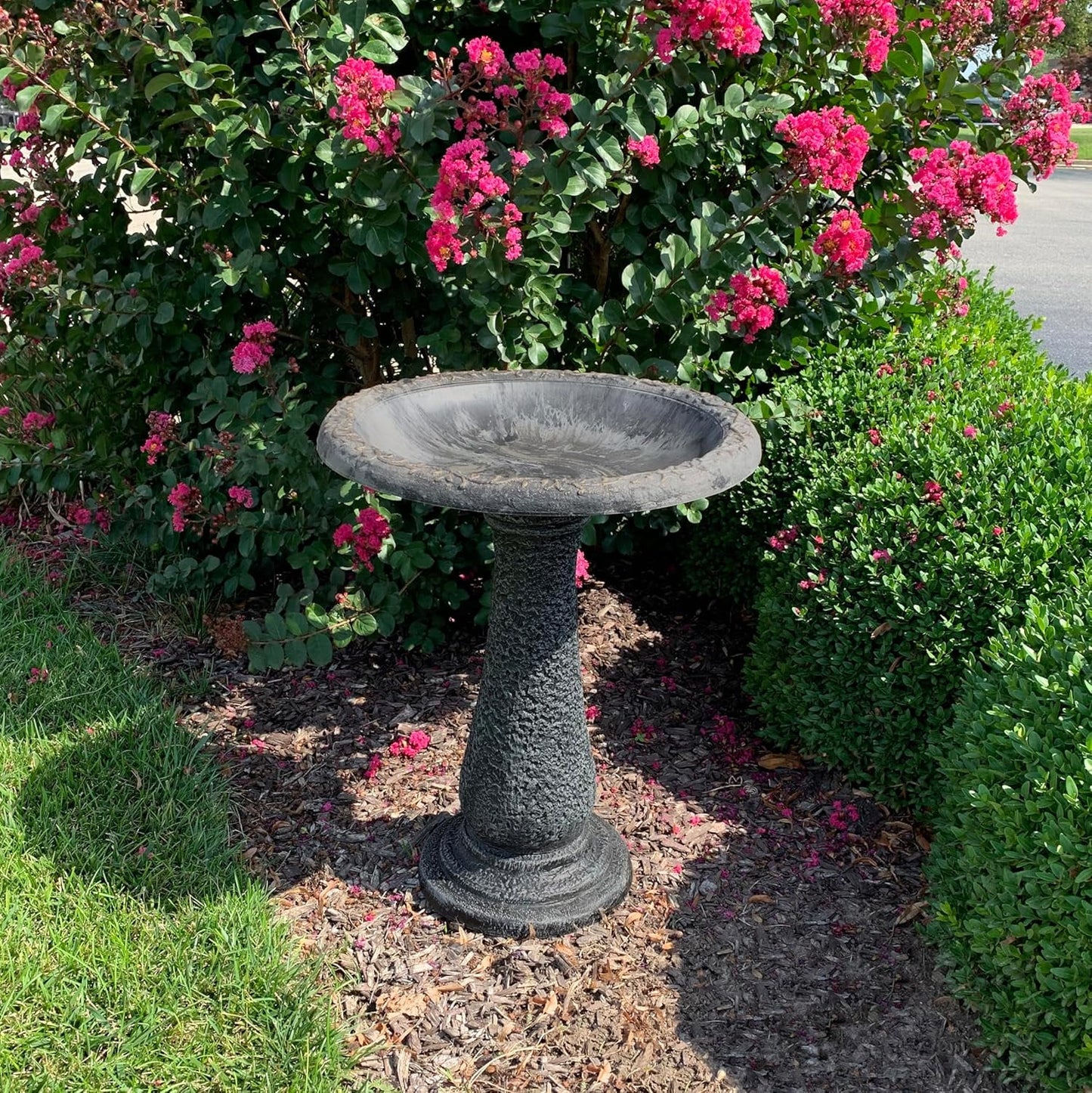 Tierra Garden Birds and Beyond Fiber Clay Bird Bath, Semi-Gloss Bird Bowl with Matte Base, 24 in. (Charcoal Sand)
