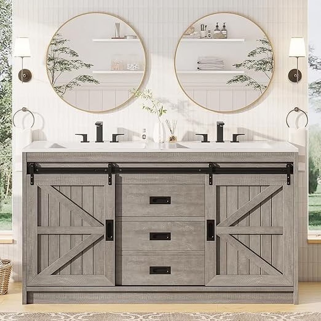 Merluxy 61" Farmhouse Double Bathroom Vanity with Sink Combo, Dual Basin Bathroom Storage Cabinet, Large Double Bath Vanity Sink Set, Rustic White