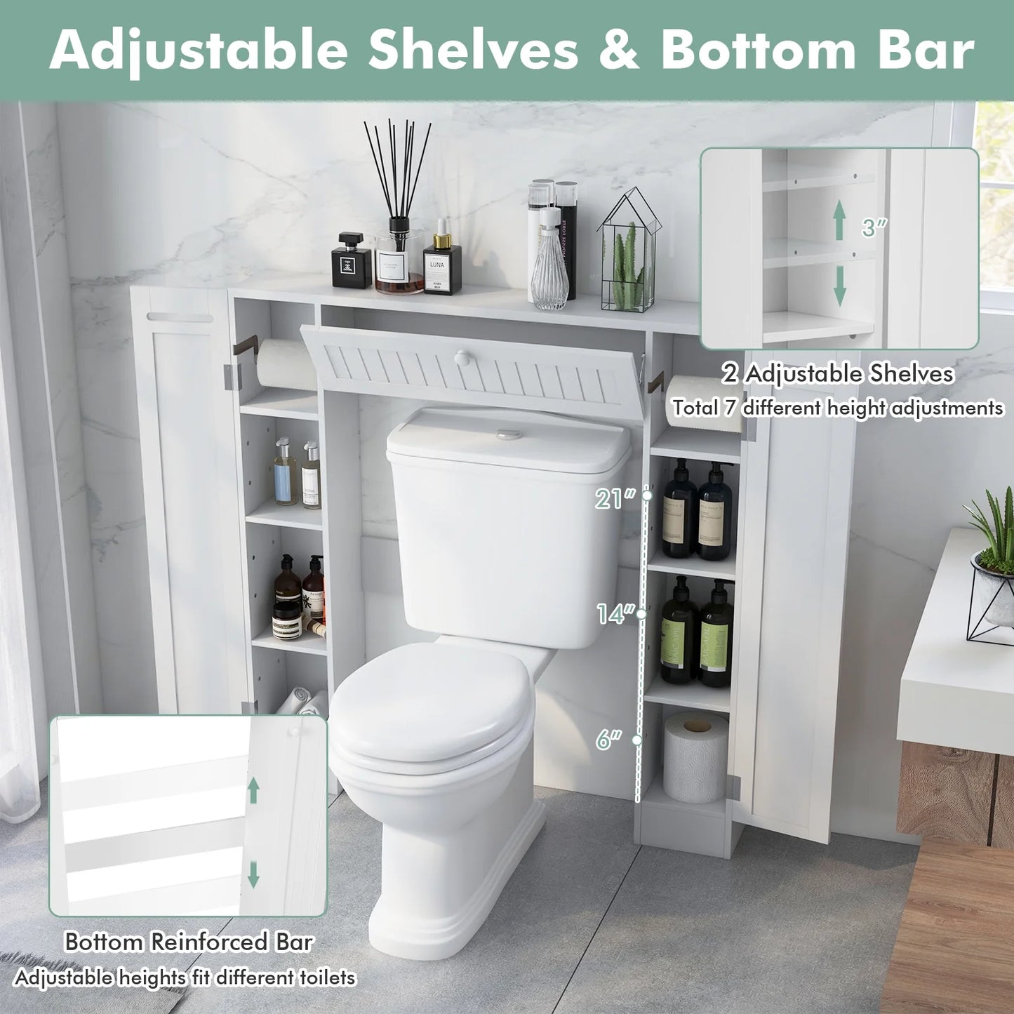 Topbuy Over The Toilet Storage Cabinet Bathroom Space Saver Organizer with Adjustable Shelves & Paper Holder